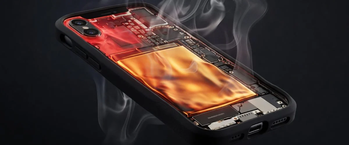 Smartphone inside thick protective case with visible heat waves trapped against the battery, illustrating how phone cases accelerate battery degradation by preventing heat dissipation