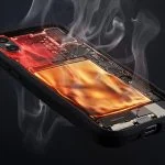 Smartphone inside thick protective case with visible heat waves trapped against the battery, illustrating how phone cases accelerate battery degradation by preventing heat dissipation