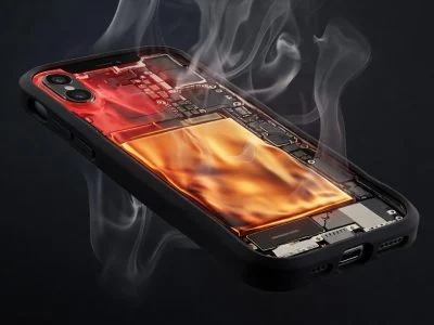Smartphone inside thick protective case with visible heat waves trapped against the battery, illustrating how phone cases accelerate battery degradation by preventing heat dissipation
