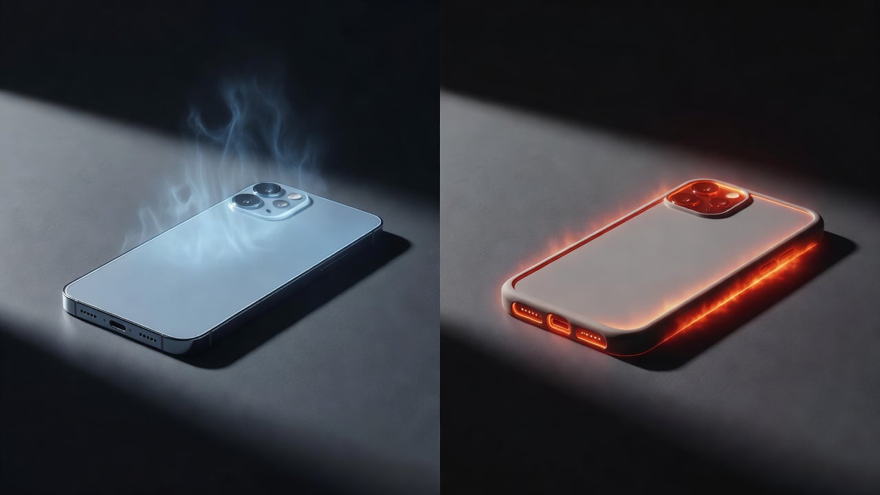 Side-by-side comparison showing a bare smartphone efficiently dissipating heat through its glass back versus a phone in a thick silicone case trapping heat inside