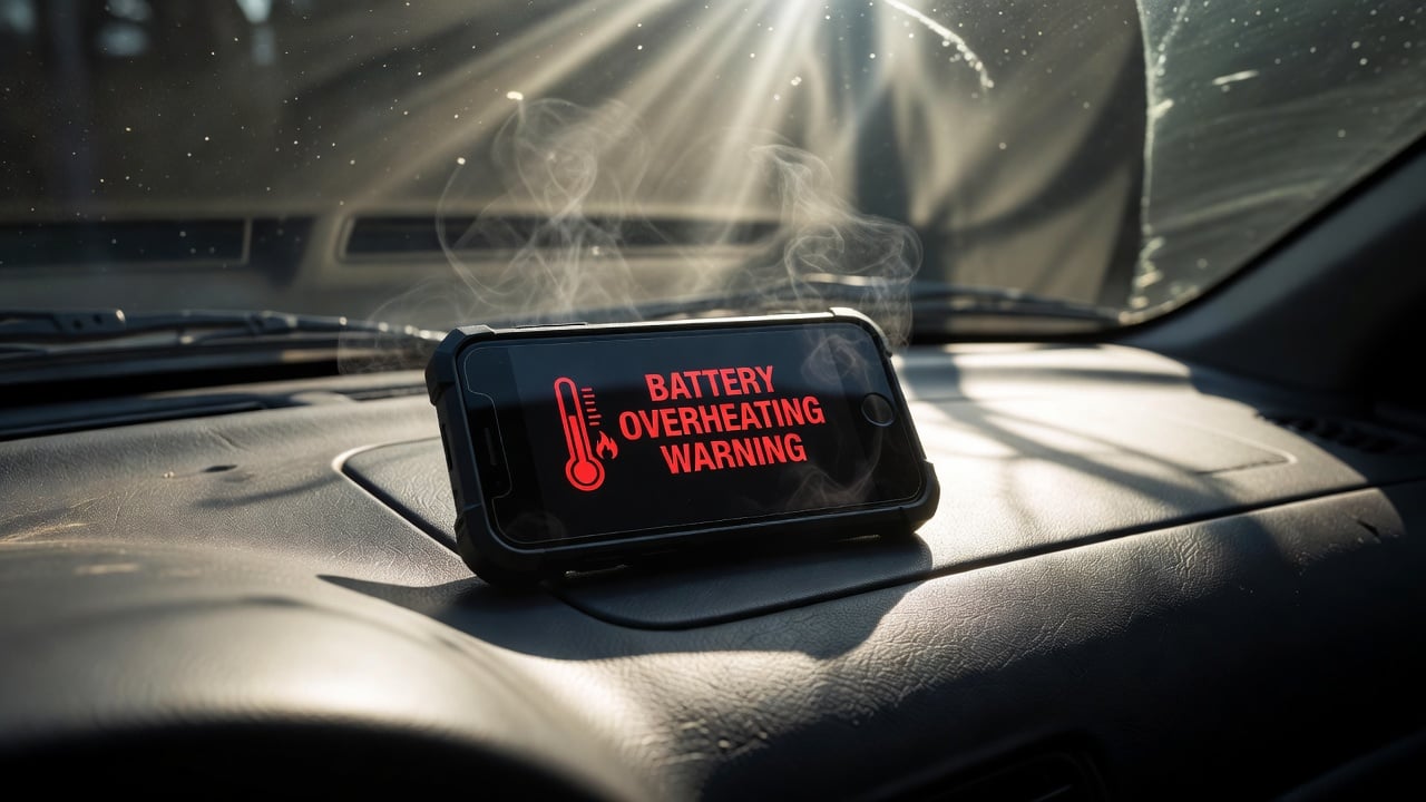 Smartphone in thick protective case on a car dashboard under intense direct summer sunlight, showing heat mirage waves rising from the device