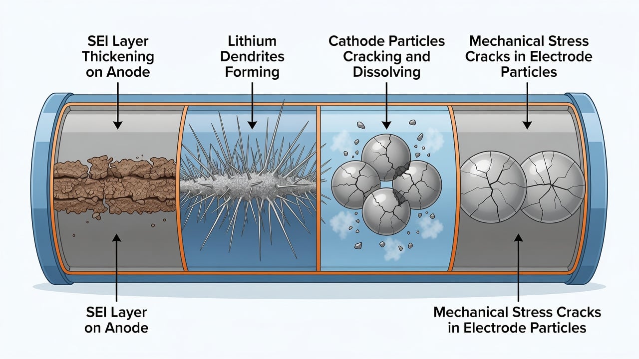 Scientific diagram showing the four mechanisms of lithium-ion battery degradation including SEI layer growth, lithium dendrite formation, cathode particle cracking, and mechanical stress fractures in electrode particles