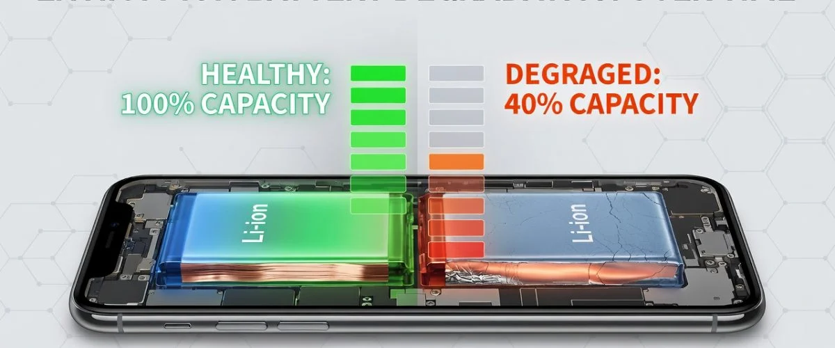 A smartphone with a cutaway showing its internal battery, with one side depicting a healthy green-blue battery and the other side showing the same battery degraded with orange-red diminished capacity bars, illustrating how lithium-ion battery degradation progresses over time