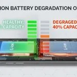 A smartphone with a cutaway showing its internal battery, with one side depicting a healthy green-blue battery and the other side showing the same battery degraded with orange-red diminished capacity bars, illustrating how lithium-ion battery degradation progresses over time