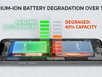 A smartphone with a cutaway showing its internal battery, with one side depicting a healthy green-blue battery and the other side showing the same battery degraded with orange-red diminished capacity bars, illustrating how lithium-ion battery degradation progresses over time