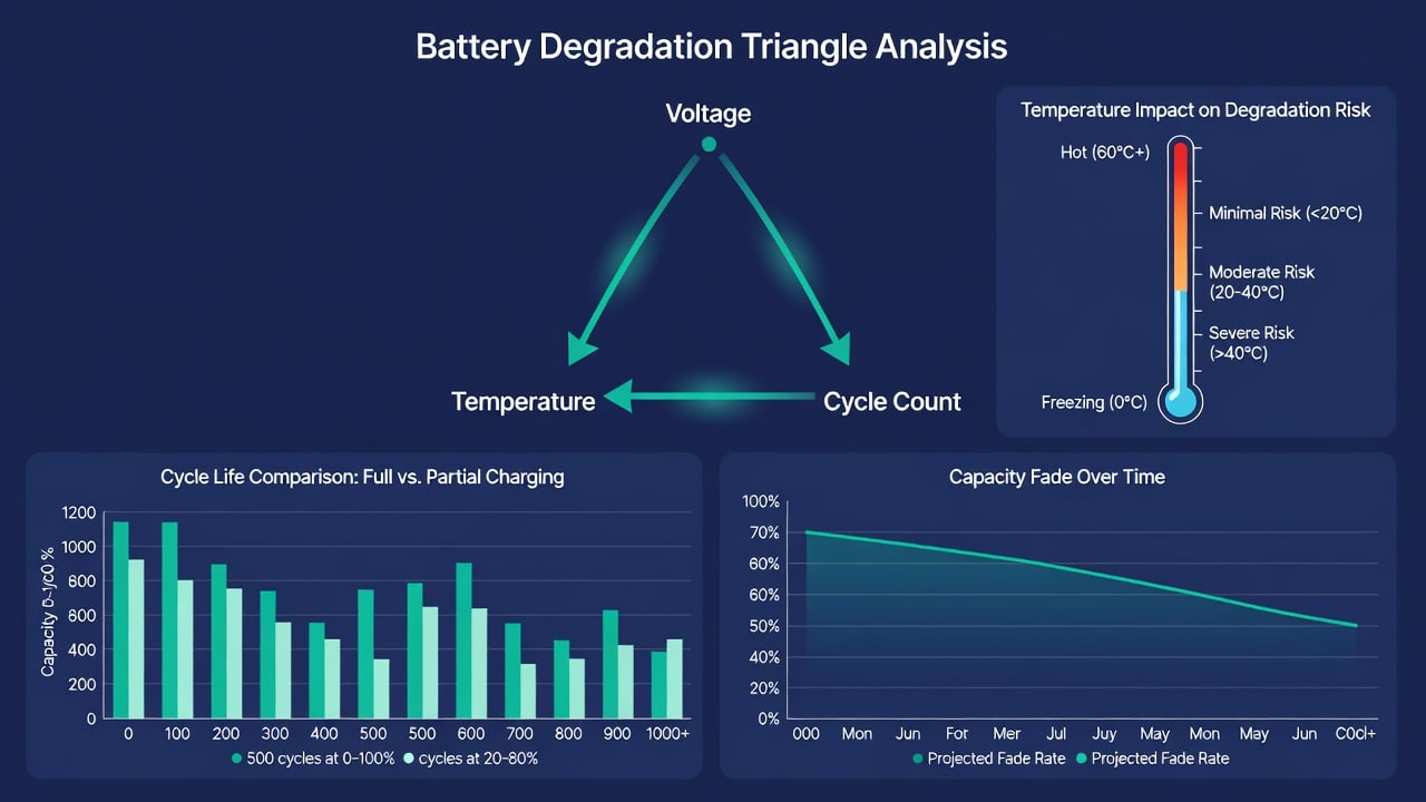 Data visualization infographic showing the battery degradation triangle of voltage temperature and cycle count with bar charts comparing cycle life at different charge levels and a capacity fade graph over time