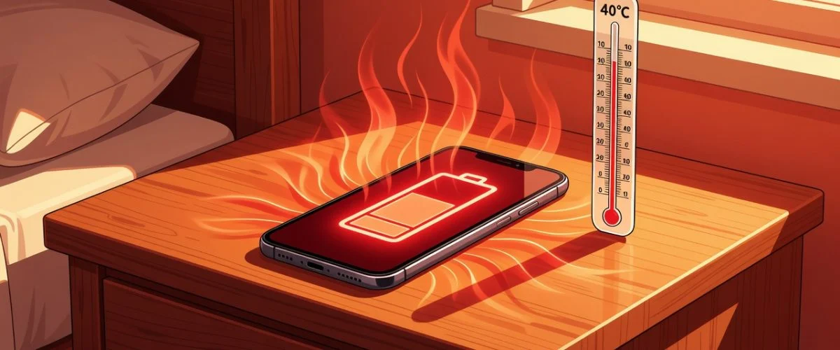 Smartphone with glowing red battery icon and heat waves rising in a warm room with a thermometer showing 40°C, illustrating how summer heat damages lithium-ion phone batteries