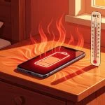 Smartphone with glowing red battery icon and heat waves rising in a warm room with a thermometer showing 40°C, illustrating how summer heat damages lithium-ion phone batteries