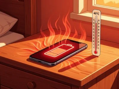 Smartphone with glowing red battery icon and heat waves rising in a warm room with a thermometer showing 40°C, illustrating how summer heat damages lithium-ion phone batteries