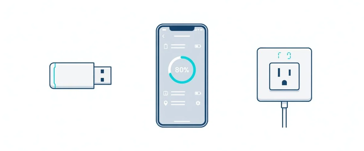 Flat design comparison of USB-C charge limiting methods: hardware dongle, software charge limit at 80 percent, and smart plug timer. Blue and white editorial style.