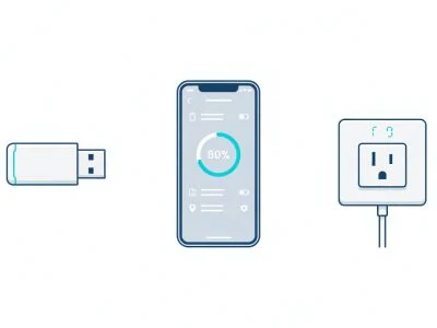 Flat design comparison of USB-C charge limiting methods: hardware dongle, software charge limit at 80 percent, and smart plug timer. Blue and white editorial style.