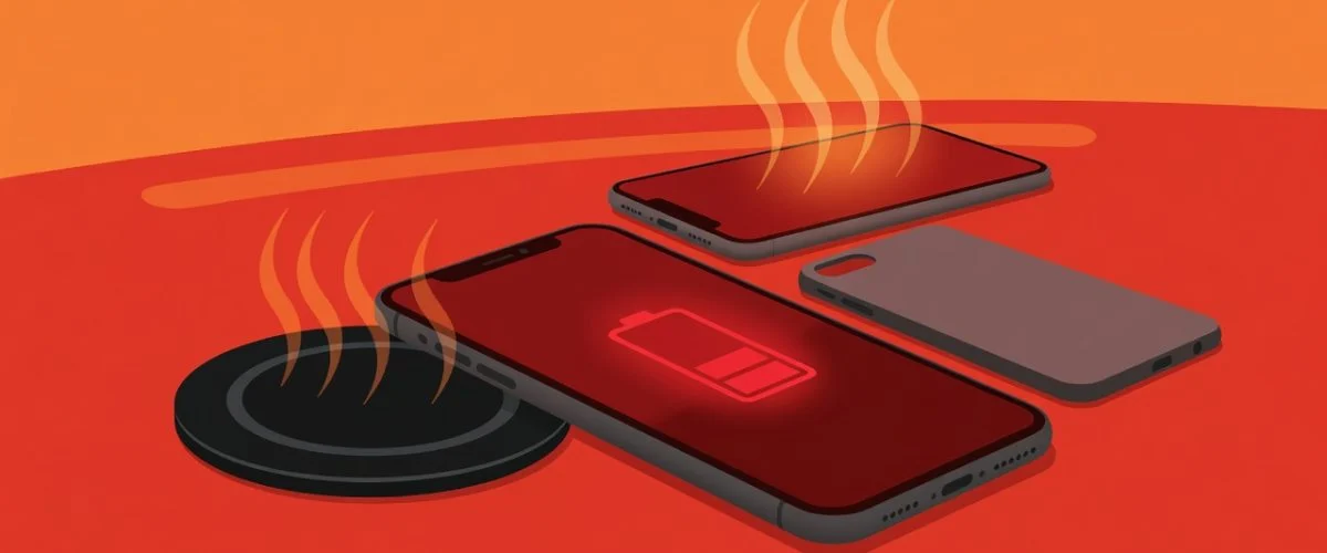 Flat design editorial illustration showing a smartphone with glowing red battery icon surrounded by wireless charger, phone case, and car dashboard sunlight. Orange and red warning tones about bad battery charging habits.