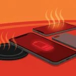 Flat design editorial illustration showing a smartphone with glowing red battery icon surrounded by wireless charger, phone case, and car dashboard sunlight. Orange and red warning tones about bad battery charging habits.