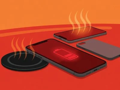 Flat design editorial illustration showing a smartphone with glowing red battery icon surrounded by wireless charger, phone case, and car dashboard sunlight. Orange and red warning tones about bad battery charging habits.