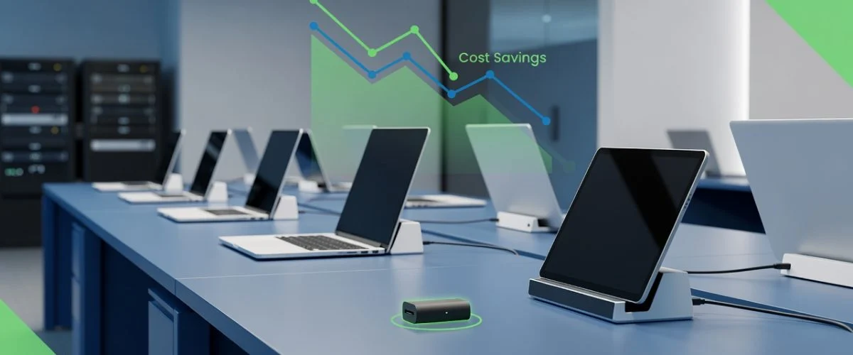 Flat design editorial illustration of a corporate IT office with laptops and tablets on charging stations, cost savings data chart overlay, and USB charge limiter device highlighted in foreground. Blue and green professional tones.