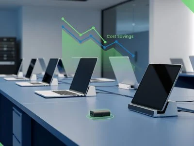 Flat design editorial illustration of a corporate IT office with laptops and tablets on charging stations, cost savings data chart overlay, and USB charge limiter device highlighted in foreground. Blue and green professional tones.
