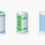 Flat design editorial illustration showing three battery cell types: NMC cylindrical cell, LFP prismatic cell, and Silicon-Carbon anode cell. Blue, green, and silver scientific but accessible style.