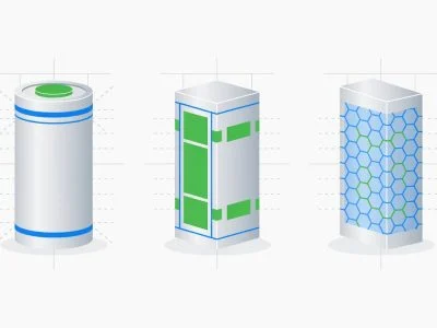 Flat design editorial illustration showing three battery cell types: NMC cylindrical cell, LFP prismatic cell, and Silicon-Carbon anode cell. Blue, green, and silver scientific but accessible style.
