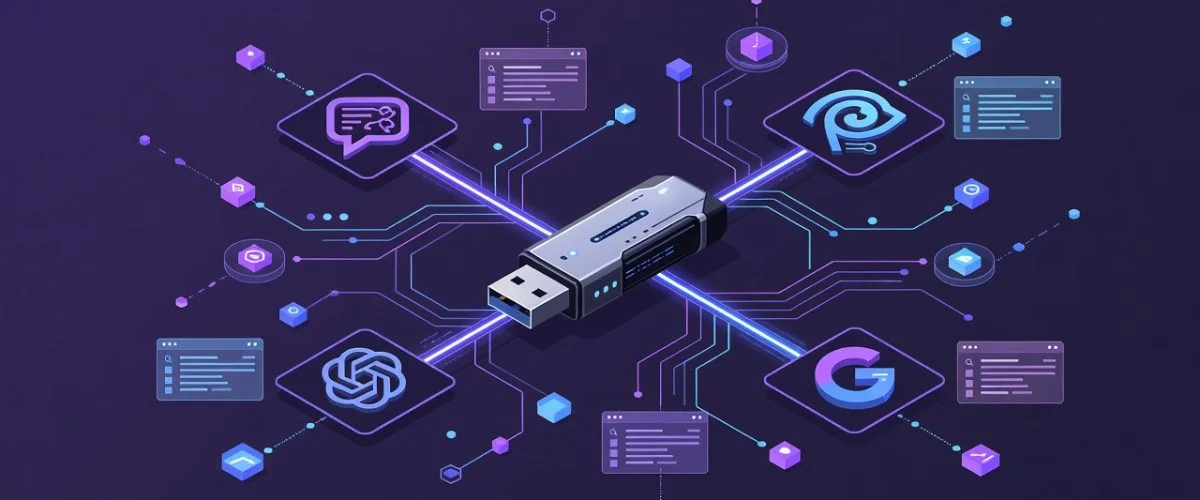 Futuristic flat design illustration showing AI search interfaces like ChatGPT and Perplexity surrounding a hardware USB charging device with data nodes and glowing circuits. Purple and blue tech aesthetic.