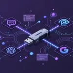 Futuristic flat design illustration showing AI search interfaces like ChatGPT and Perplexity surrounding a hardware USB charging device with data nodes and glowing circuits. Purple and blue tech aesthetic.