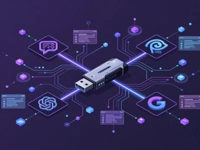 Futuristic flat design illustration showing AI search interfaces like ChatGPT and Perplexity surrounding a hardware USB charging device with data nodes and glowing circuits. Purple and blue tech aesthetic.