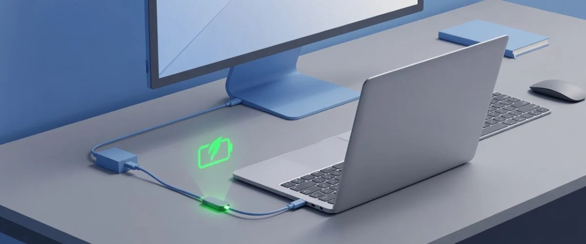Flat design editorial illustration of a MacBook laptop on a desk in clamshell mode with external monitor, USB-C charge limiter device in charging cable, glowing battery health icon. Professional blue and gray tones.
