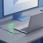 Flat design editorial illustration of a MacBook laptop on a desk in clamshell mode with external monitor, USB-C charge limiter device in charging cable, glowing battery health icon. Professional blue and gray tones.