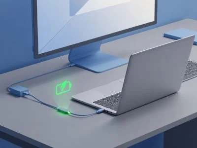 Flat design editorial illustration of a MacBook laptop on a desk in clamshell mode with external monitor, USB-C charge limiter device in charging cable, glowing battery health icon. Professional blue and gray tones.