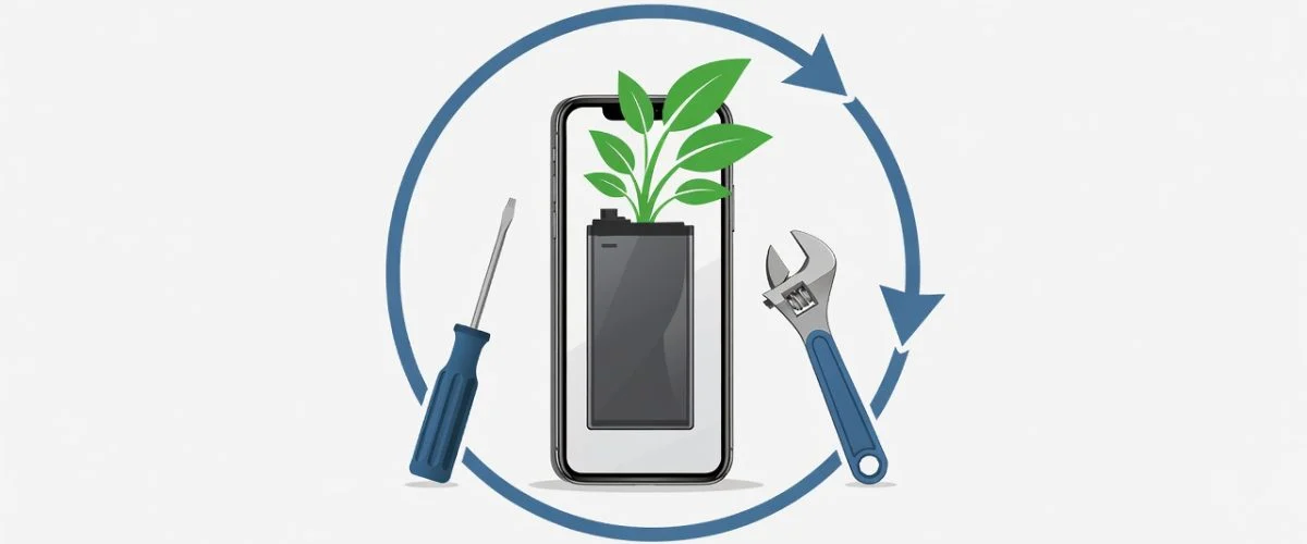 Battery longevity and right to repair concept illustration with repair tools and green leaves