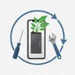 Battery longevity and right to repair concept illustration with repair tools and green leaves