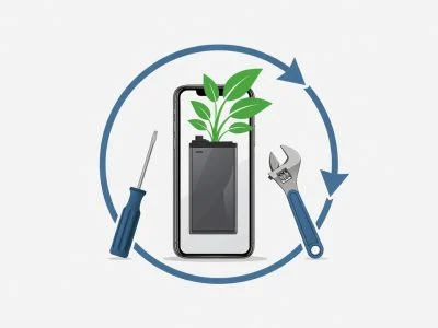Battery longevity and right to repair concept illustration with repair tools and green leaves