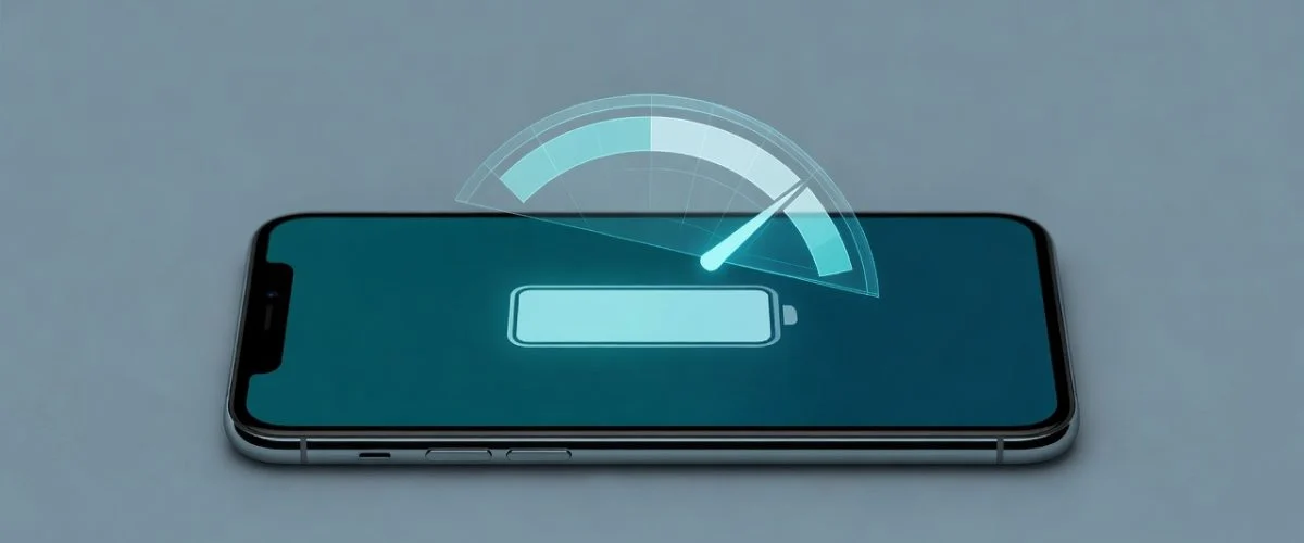 Smartphone showing battery percentage with a digital fuel gauge slightly misaligned from the real battery, illustrating why battery calibration is needed
