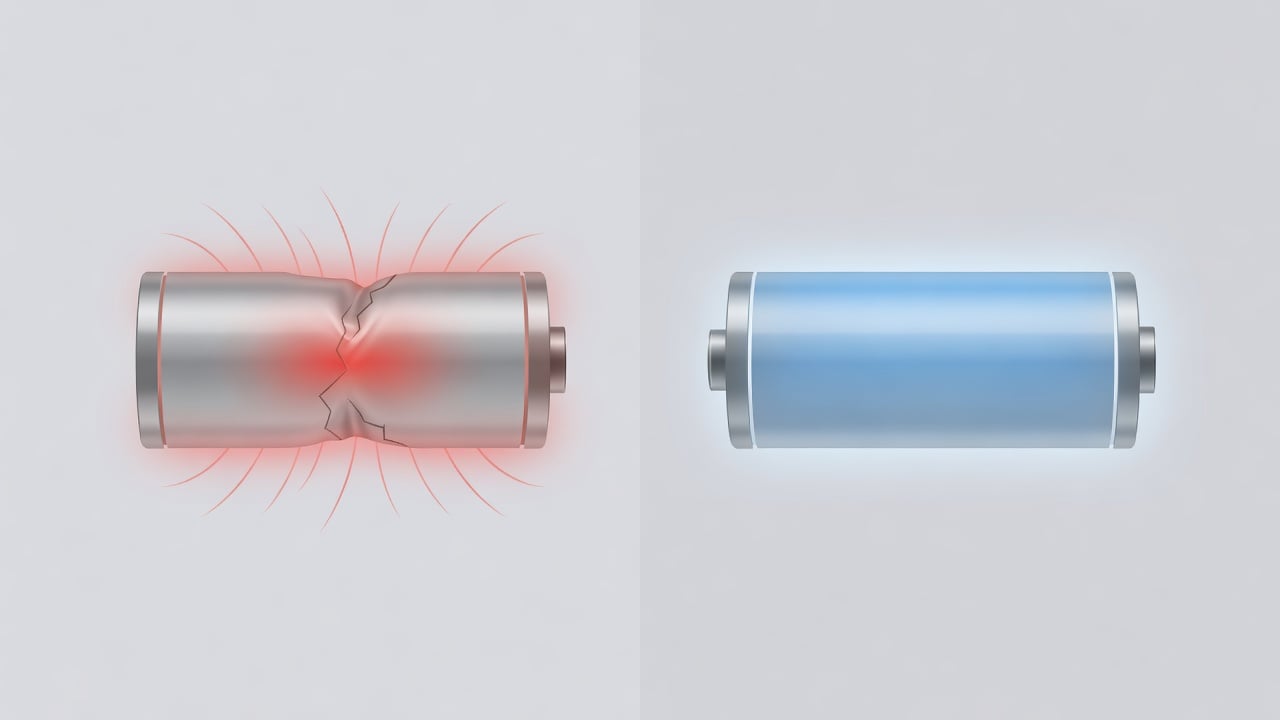Comparison illustration showing a battery drained to empty looking stressed and warm versus a battery topped up in shallow increments staying cool and healthy