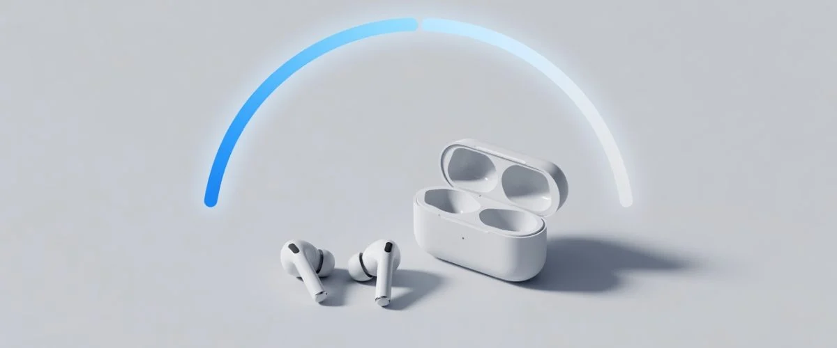 A pair of white wireless earbuds beside their open charging case with a fading battery-gauge motif, illustrating how earbud battery health declines over time