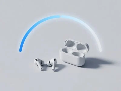 A pair of white wireless earbuds beside their open charging case with a fading battery-gauge motif, illustrating how earbud battery health declines over time