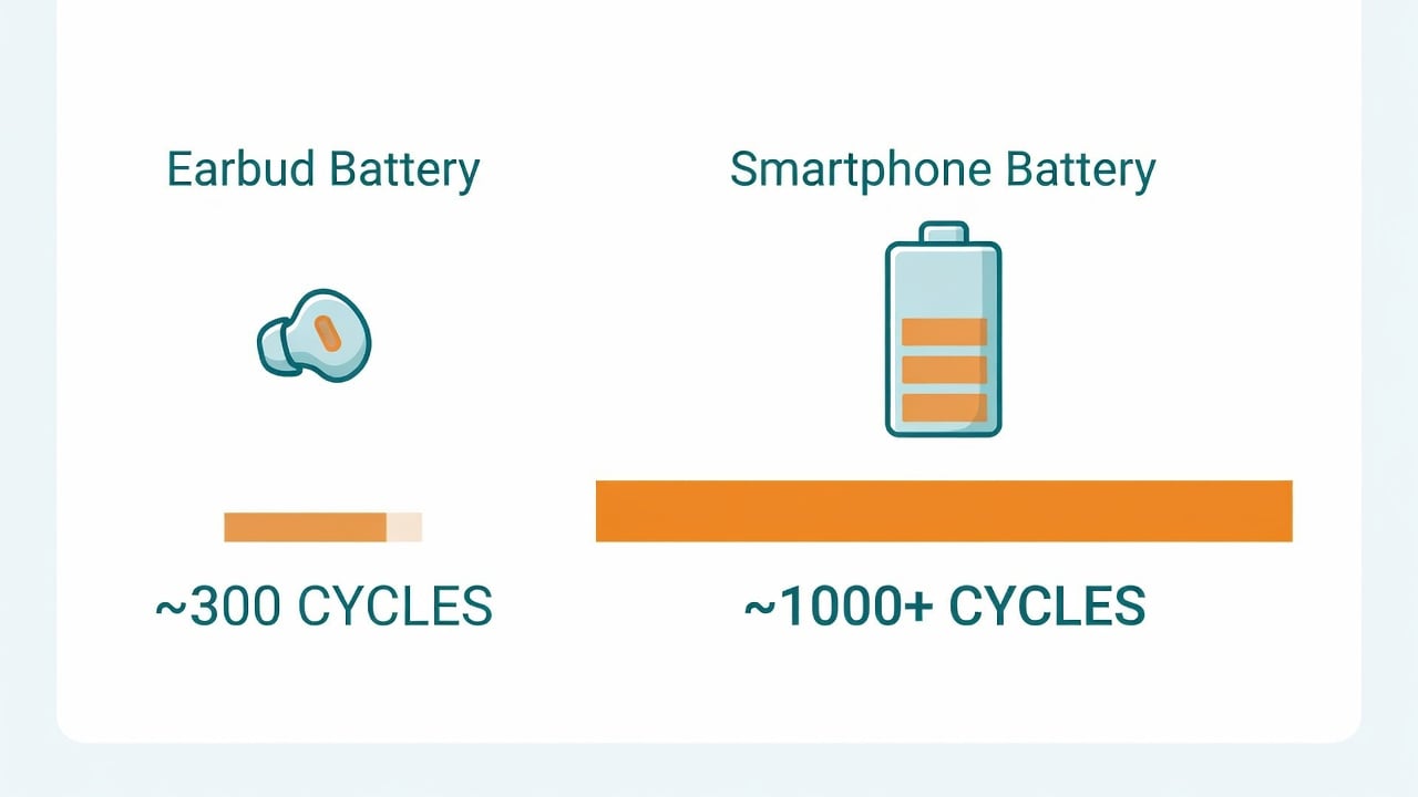 Diagram comparing a tiny earbud battery's short cycle life against a much longer smartphone battery cycle life, shown as two capacity bars