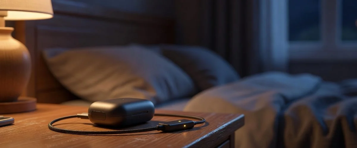 A wireless earbud charging case on a wooden nightstand plugged into an inline charging accessory at night, showing smarter overnight charging that avoids constant topping off
