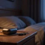 A wireless earbud charging case on a wooden nightstand plugged into an inline charging accessory at night, showing smarter overnight charging that avoids constant topping off