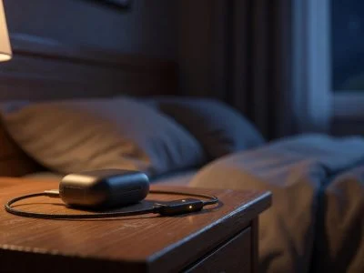 A wireless earbud charging case on a wooden nightstand plugged into an inline charging accessory at night, showing smarter overnight charging that avoids constant topping off