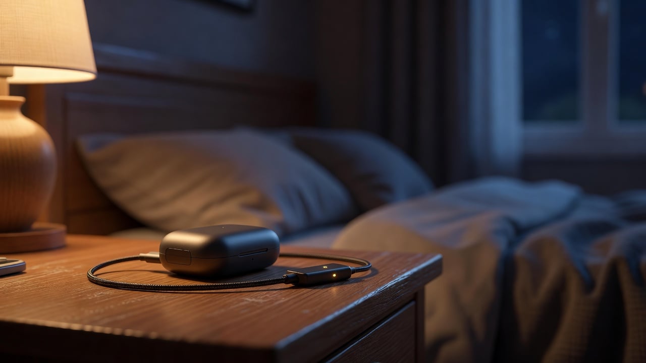 A wireless earbud charging case on a wooden nightstand plugged into an inline charging accessory at night, showing smarter overnight charging that avoids constant topping off