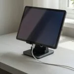 Android tablet sitting upright in a charging dock on a desk, illustrating tablet battery health