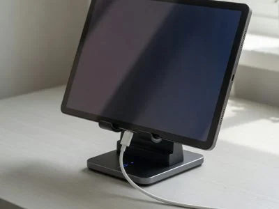 Android tablet sitting upright in a charging dock on a desk, illustrating tablet battery health