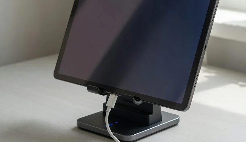 Android tablet sitting upright in a charging dock on a desk, illustrating tablet battery health