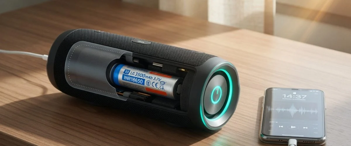 Portable Bluetooth speaker charging beside a phone with a cutaway showing its lithium-ion battery cell
