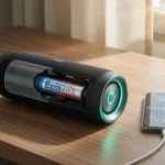 Portable Bluetooth speaker charging beside a phone with a cutaway showing its lithium-ion battery cell