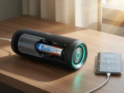 Portable Bluetooth speaker charging beside a phone with a cutaway showing its lithium-ion battery cell