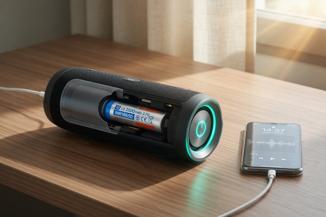 Portable Bluetooth speaker charging beside a phone with a cutaway showing its lithium-ion battery cell
