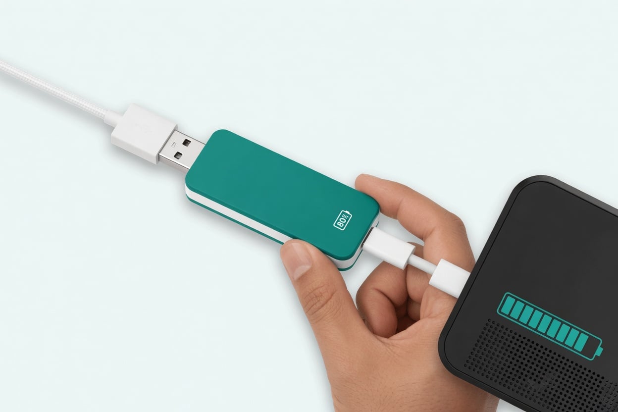 A small inline hardware charge limiter plugged between a USB cable and a Bluetooth speaker charger, cutting power at 80 percent