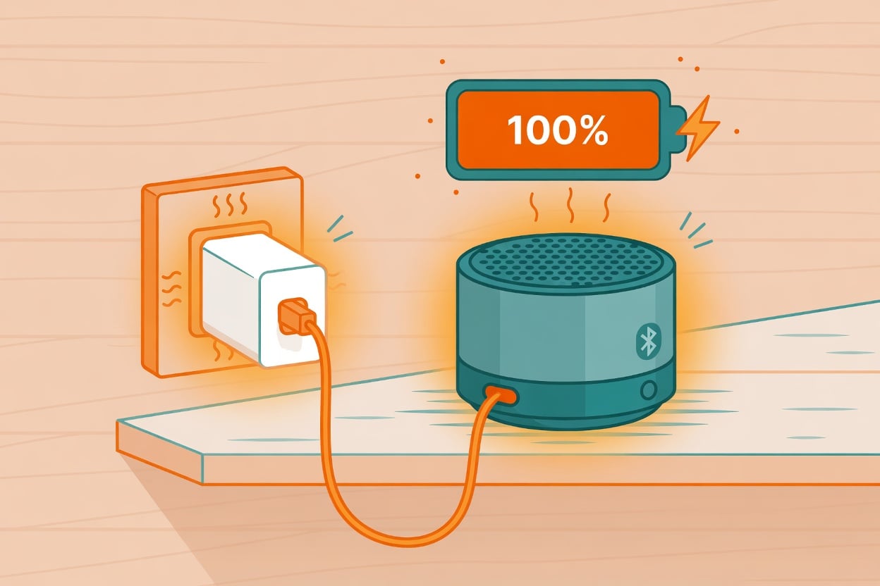 Illustration of a Bluetooth speaker left plugged in overnight at 100 percent charge with heat radiating from it