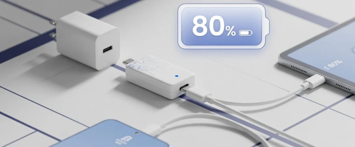 USB hardware charge limiter dongle capping charge at 80% for a phone and tablet